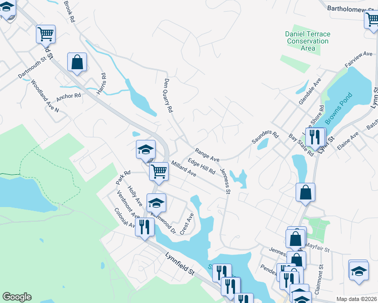 map of restaurants, bars, coffee shops, grocery stores, and more near 27 Longwood Road in Lynn