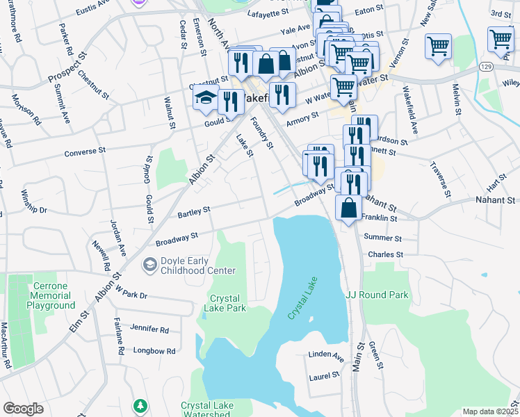 map of restaurants, bars, coffee shops, grocery stores, and more near 52 Lake Street in Wakefield