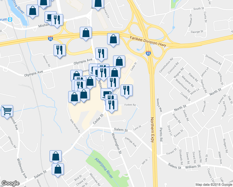 map of restaurants, bars, coffee shops, grocery stores, and more near 470 Wildwood Avenue in Woburn