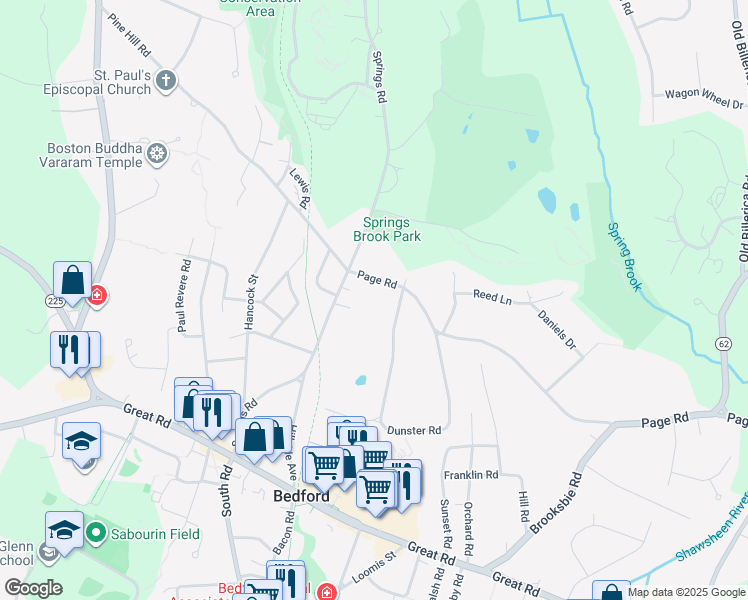 map of restaurants, bars, coffee shops, grocery stores, and more near 72 Dunster Road in Bedford