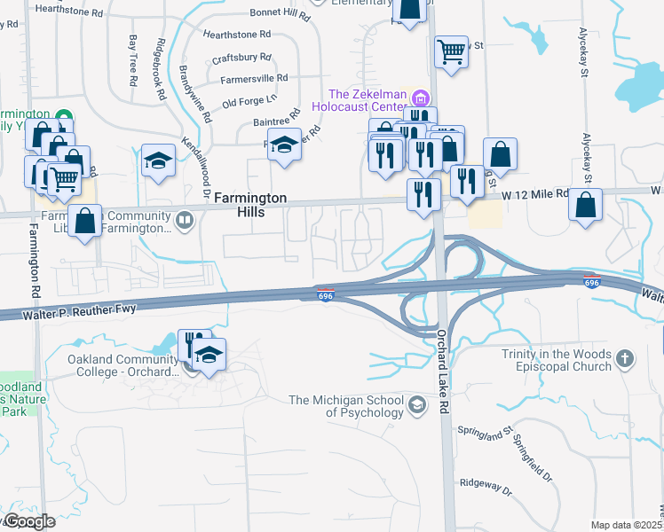 map of restaurants, bars, coffee shops, grocery stores, and more near 32013 West 12 Mile Road in Farmington Hills
