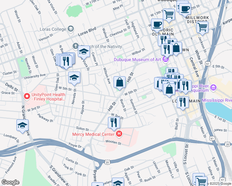 map of restaurants, bars, coffee shops, grocery stores, and more near 502 Wilson Avenue in Dubuque