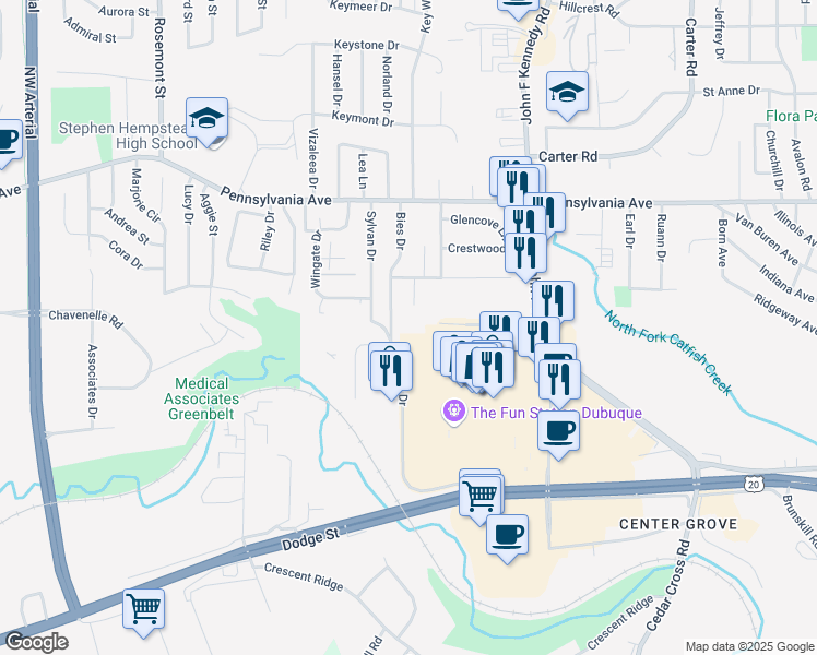 map of restaurants, bars, coffee shops, grocery stores, and more near 1247-1299 Century Drive in Dubuque