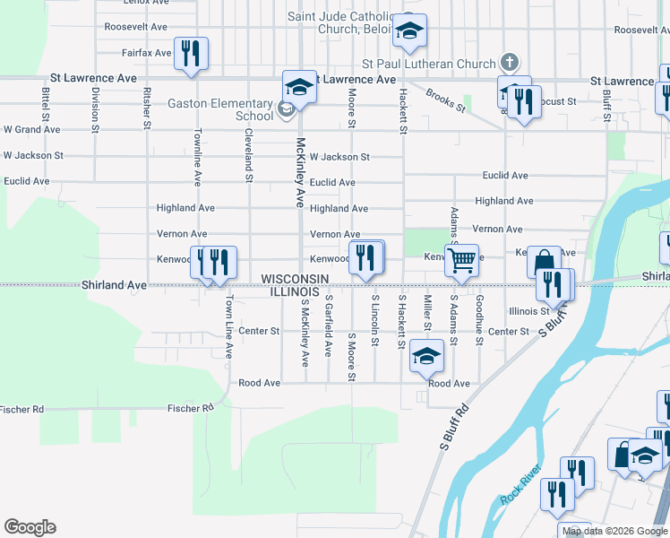 map of restaurants, bars, coffee shops, grocery stores, and more near 1325 Shirland Avenue in Beloit
