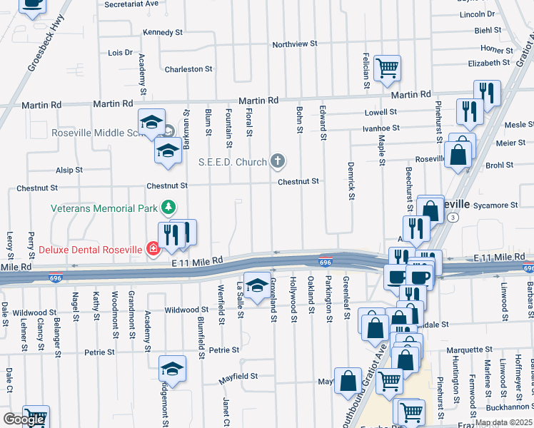 map of restaurants, bars, coffee shops, grocery stores, and more near 27256 Floral Street in Roseville