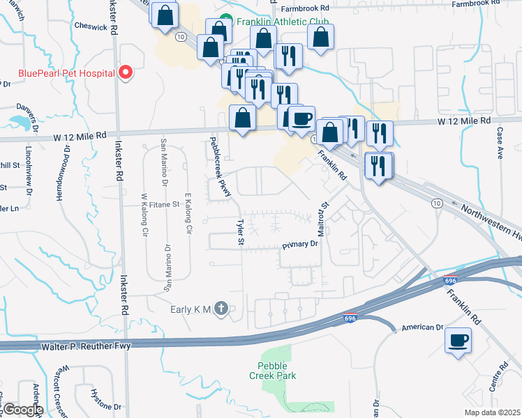 map of restaurants, bars, coffee shops, grocery stores, and more near 28437 Lady K Court in Southfield