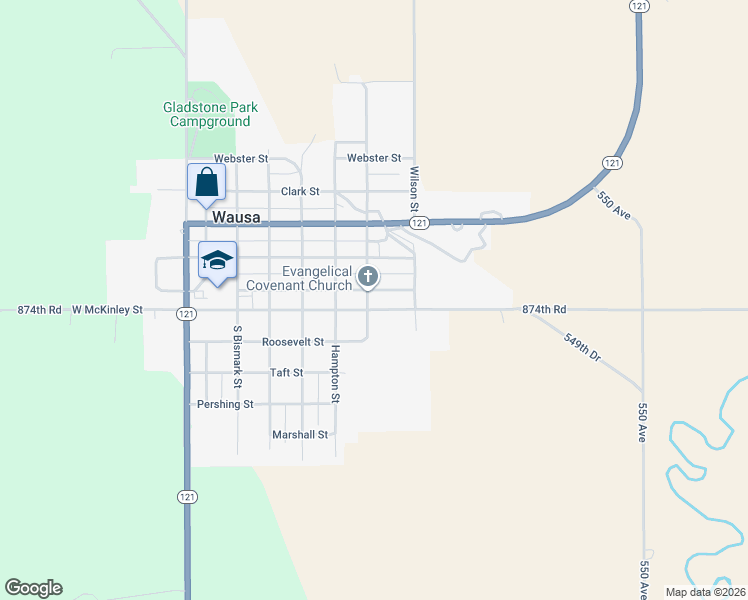 map of restaurants, bars, coffee shops, grocery stores, and more near 700-708 McKinley Street in Wausa