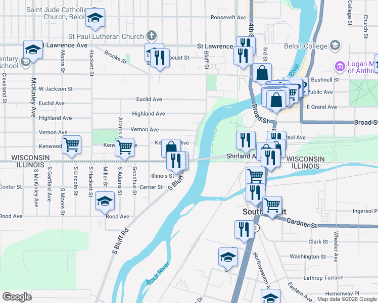 map of restaurants, bars, coffee shops, grocery stores, and more near 118 Bluff Street in Beloit