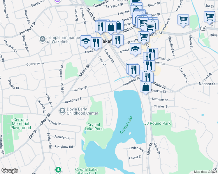 map of restaurants, bars, coffee shops, grocery stores, and more near 41 Lake Street in Wakefield
