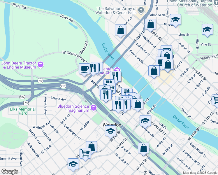 map of restaurants, bars, coffee shops, grocery stores, and more near 302 Commercial Street in Waterloo