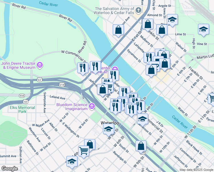 map of restaurants, bars, coffee shops, grocery stores, and more near 302 Commercial Street in Waterloo