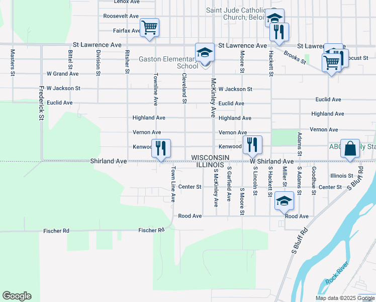 map of restaurants, bars, coffee shops, grocery stores, and more near 1541 Shirland Avenue in Beloit