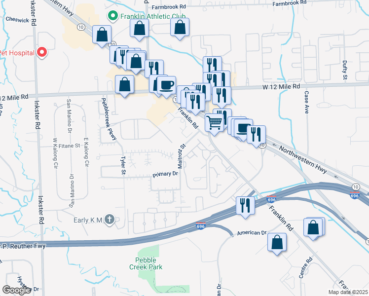 map of restaurants, bars, coffee shops, grocery stores, and more near 28257 Maitrott Street in Southfield