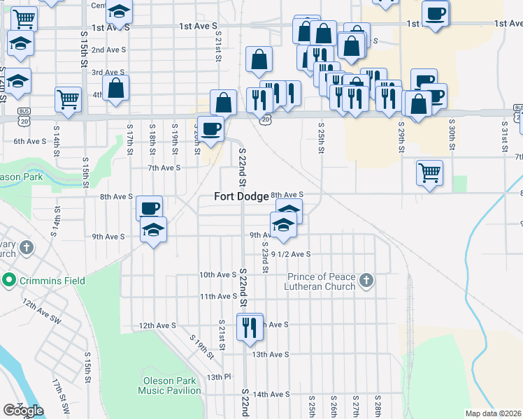 map of restaurants, bars, coffee shops, grocery stores, and more near 2221 Highland Park Avenue in Fort Dodge
