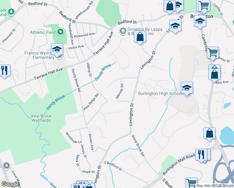map of restaurants, bars, coffee shops, grocery stores, and more near 13 Marrett Road in Burlington
