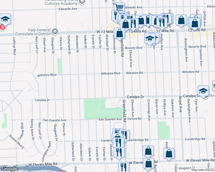 map of restaurants, bars, coffee shops, grocery stores, and more near 28054 Marshall Street in Southfield