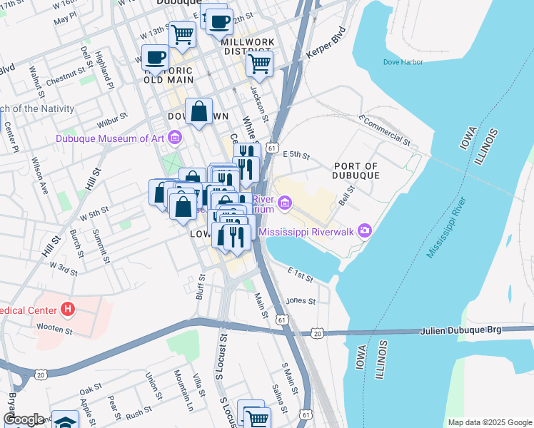map of restaurants, bars, coffee shops, grocery stores, and more near Ice Harbor Drive in Dubuque