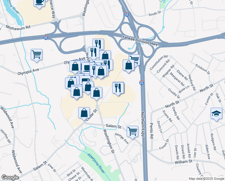 map of restaurants, bars, coffee shops, grocery stores, and more near 53 Cedar Street in Woburn