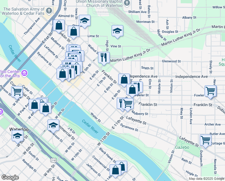 map of restaurants, bars, coffee shops, grocery stores, and more near 1013 Mulberry Street in Waterloo