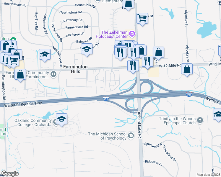 map of restaurants, bars, coffee shops, grocery stores, and more near 27542 Echo Valley West in Farmington Hills