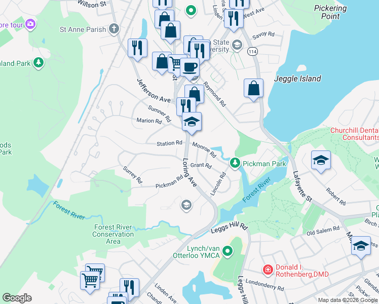 map of restaurants, bars, coffee shops, grocery stores, and more near 3 Cleveland Road Extension in Salem