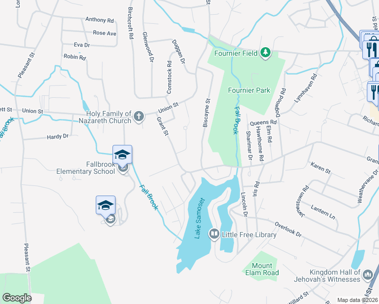 map of restaurants, bars, coffee shops, grocery stores, and more near 22 Biscayne Street in Leominster