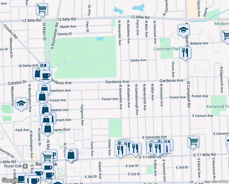 map of restaurants, bars, coffee shops, grocery stores, and more near 807 North Alexander Avenue in Royal Oak
