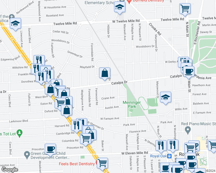 map of restaurants, bars, coffee shops, grocery stores, and more near 930 Lockwood Road in Royal Oak