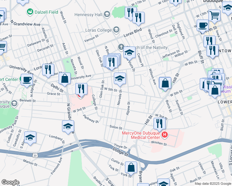 map of restaurants, bars, coffee shops, grocery stores, and more near 445 Nevada Street in Dubuque