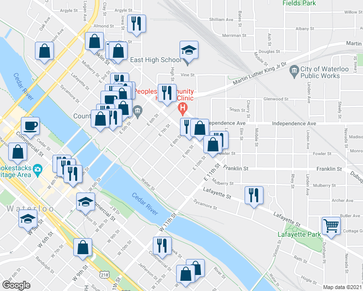 map of restaurants, bars, coffee shops, grocery stores, and more near 1016 Mulberry Street in Waterloo