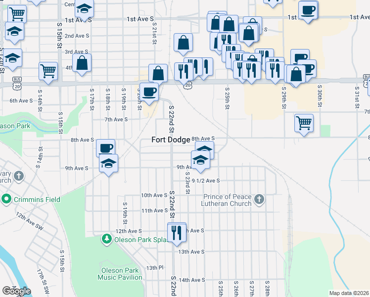 map of restaurants, bars, coffee shops, grocery stores, and more near 2221 Highland Park Avenue in Fort Dodge