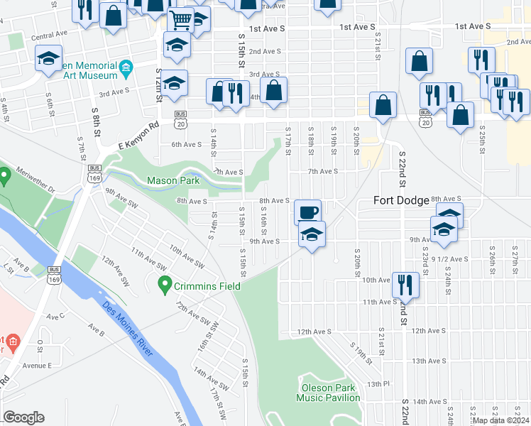 map of restaurants, bars, coffee shops, grocery stores, and more near 835 South 16th Street in Fort Dodge