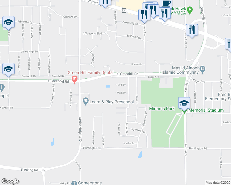 map of restaurants, bars, coffee shops, grocery stores, and more near 4098 Mark Drive in Waterloo