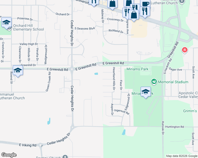 map of restaurants, bars, coffee shops, grocery stores, and more near 4054 Jill Drive in Waterloo