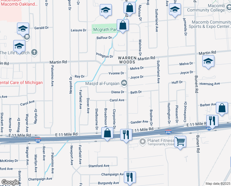 map of restaurants, bars, coffee shops, grocery stores, and more near 13405 Carol Avenue in Warren