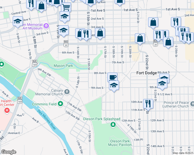 map of restaurants, bars, coffee shops, grocery stores, and more near 835 South 16th Street in Fort Dodge