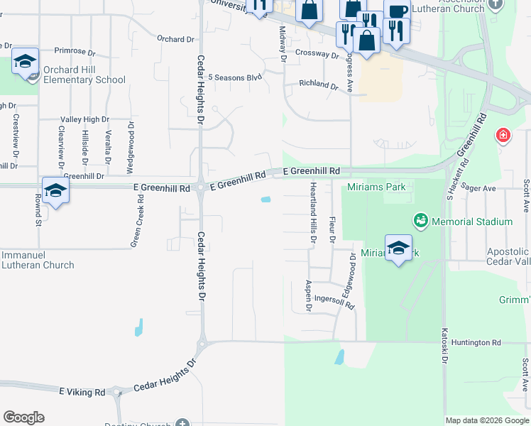 map of restaurants, bars, coffee shops, grocery stores, and more near 4054 Jill Drive in Waterloo