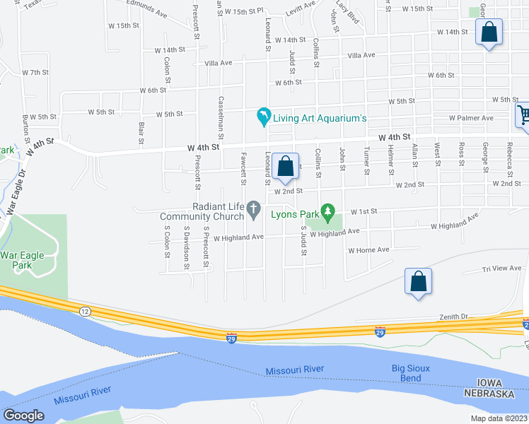 map of restaurants, bars, coffee shops, grocery stores, and more near 106 South Leonard Street in Sioux City
