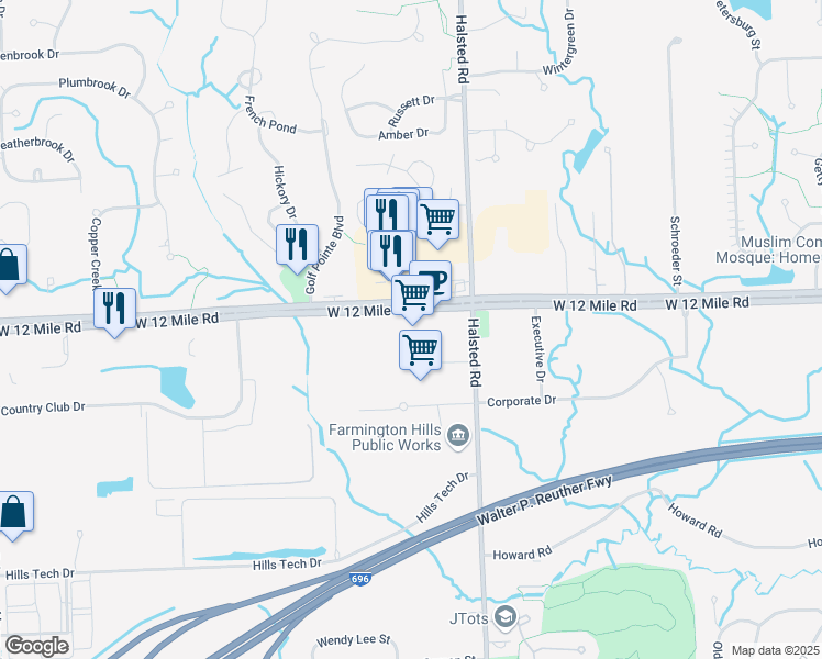 map of restaurants, bars, coffee shops, grocery stores, and more near 34405 West 12 Mile Road in Farmington Hills