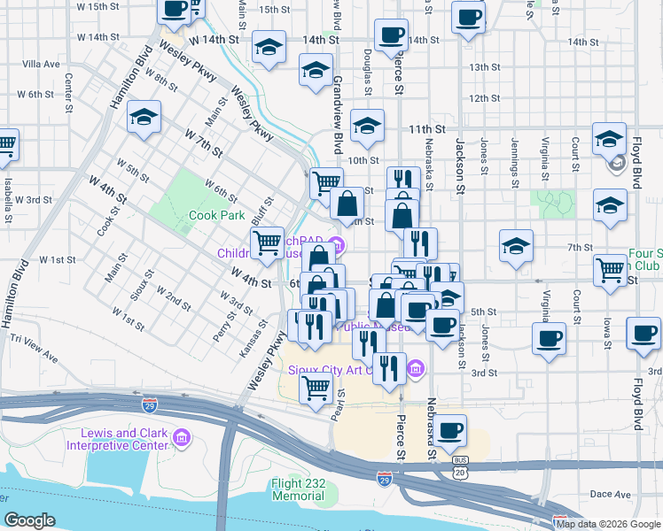 map of restaurants, bars, coffee shops, grocery stores, and more near 615 Pearl Street in Sioux City