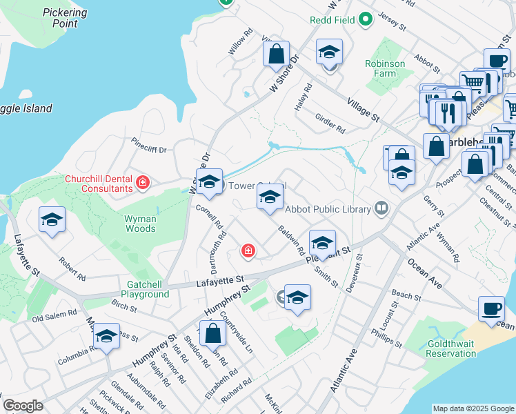 map of restaurants, bars, coffee shops, grocery stores, and more near 40 Baldwin Road in Marblehead