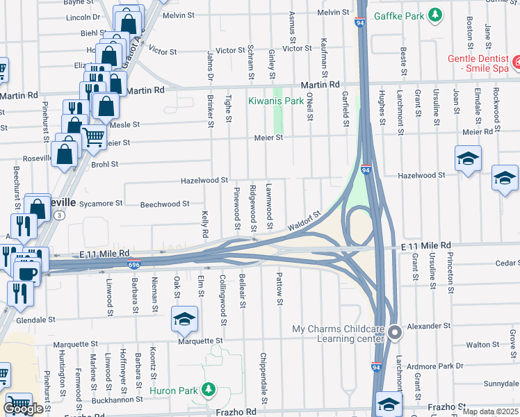 map of restaurants, bars, coffee shops, grocery stores, and more near 27096 Ridgewood Street in Roseville
