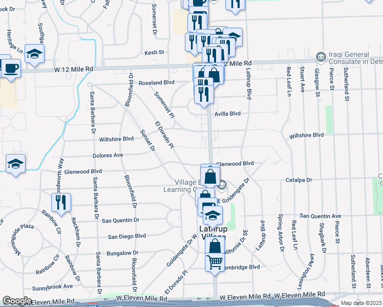map of restaurants, bars, coffee shops, grocery stores, and more near 18230 Glenwood Boulevard in Lathrup Village