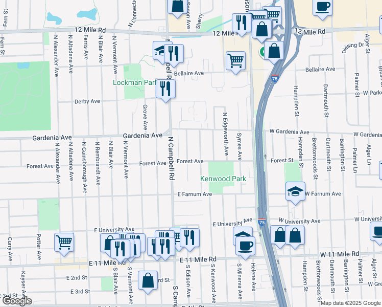 map of restaurants, bars, coffee shops, grocery stores, and more near 801 North Dorchester Avenue in Royal Oak