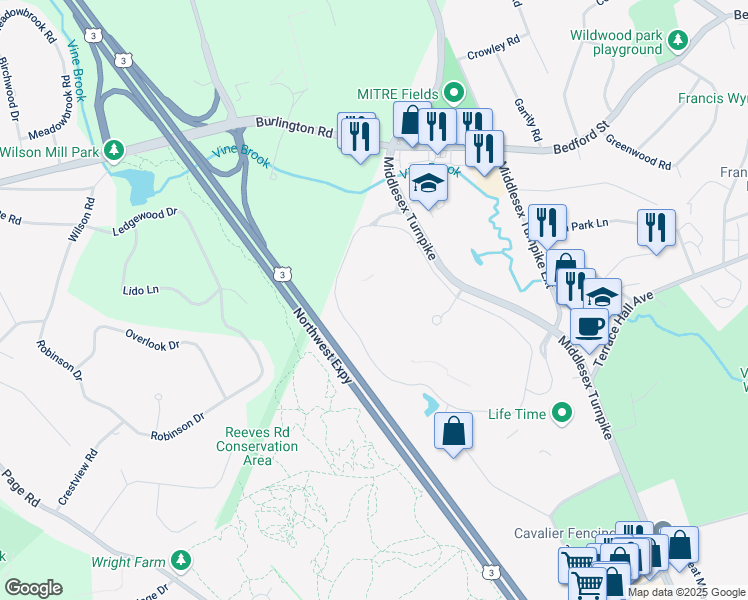 map of restaurants, bars, coffee shops, grocery stores, and more near 65 Network Drive in Burlington
