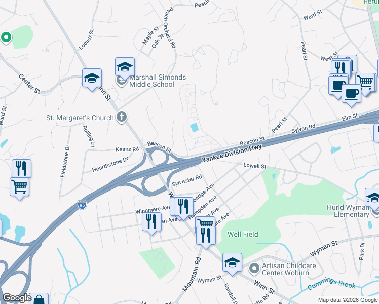 map of restaurants, bars, coffee shops, grocery stores, and more near 72 Beacon Village in Burlington