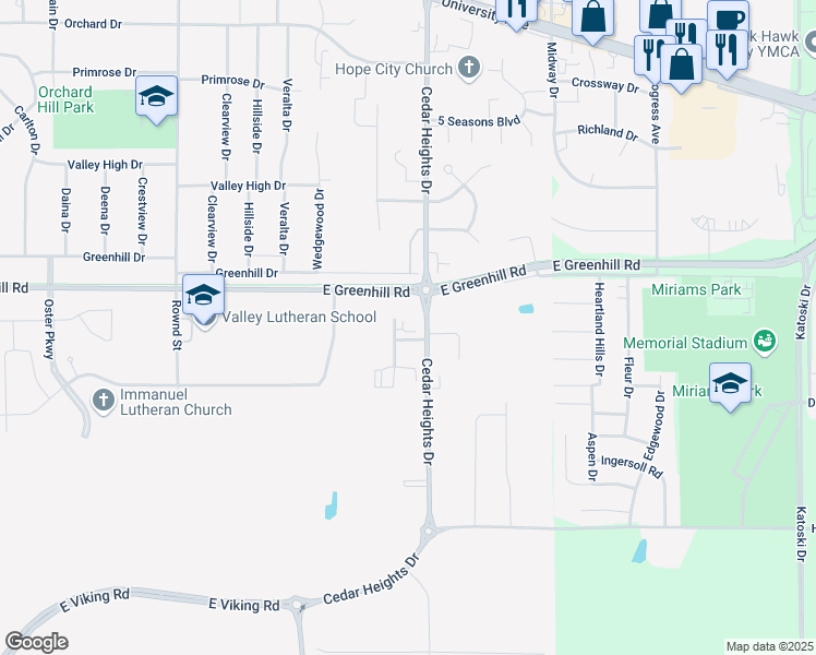 map of restaurants, bars, coffee shops, grocery stores, and more near 4521 Cedar Hill Road in Cedar Falls