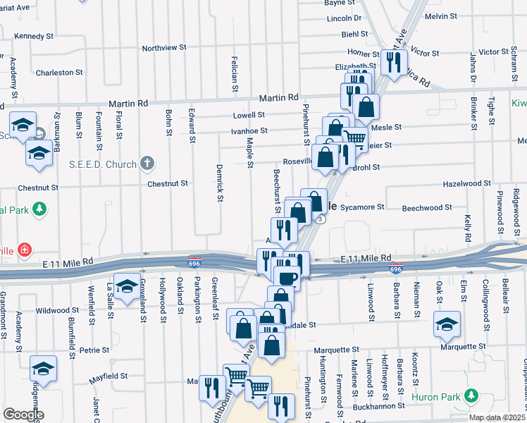 map of restaurants, bars, coffee shops, grocery stores, and more near 27167 Maple Street in Roseville