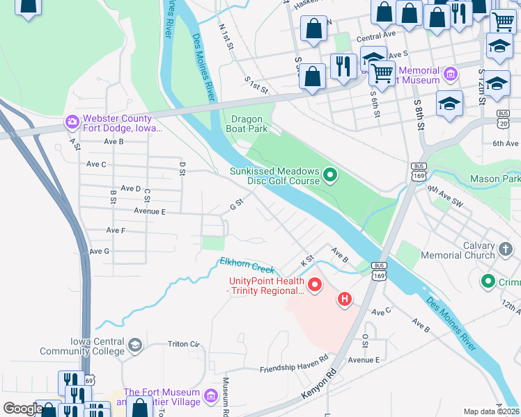 map of restaurants, bars, coffee shops, grocery stores, and more near 733 F Street in Fort Dodge