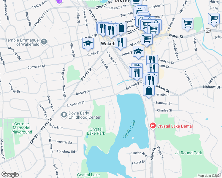 map of restaurants, bars, coffee shops, grocery stores, and more near 52 Lake Street in Wakefield